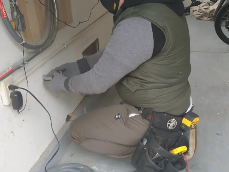 Electrician performing outlet wiring in a Forest Hills garage
